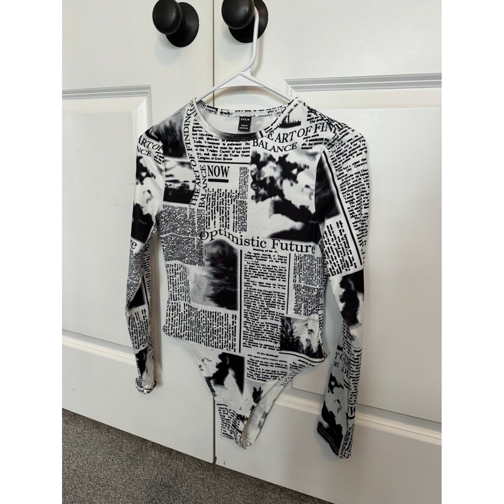 SHEIN Women Newspaper Print Long Sleeve Bodysuit Black White Petite M 8-10